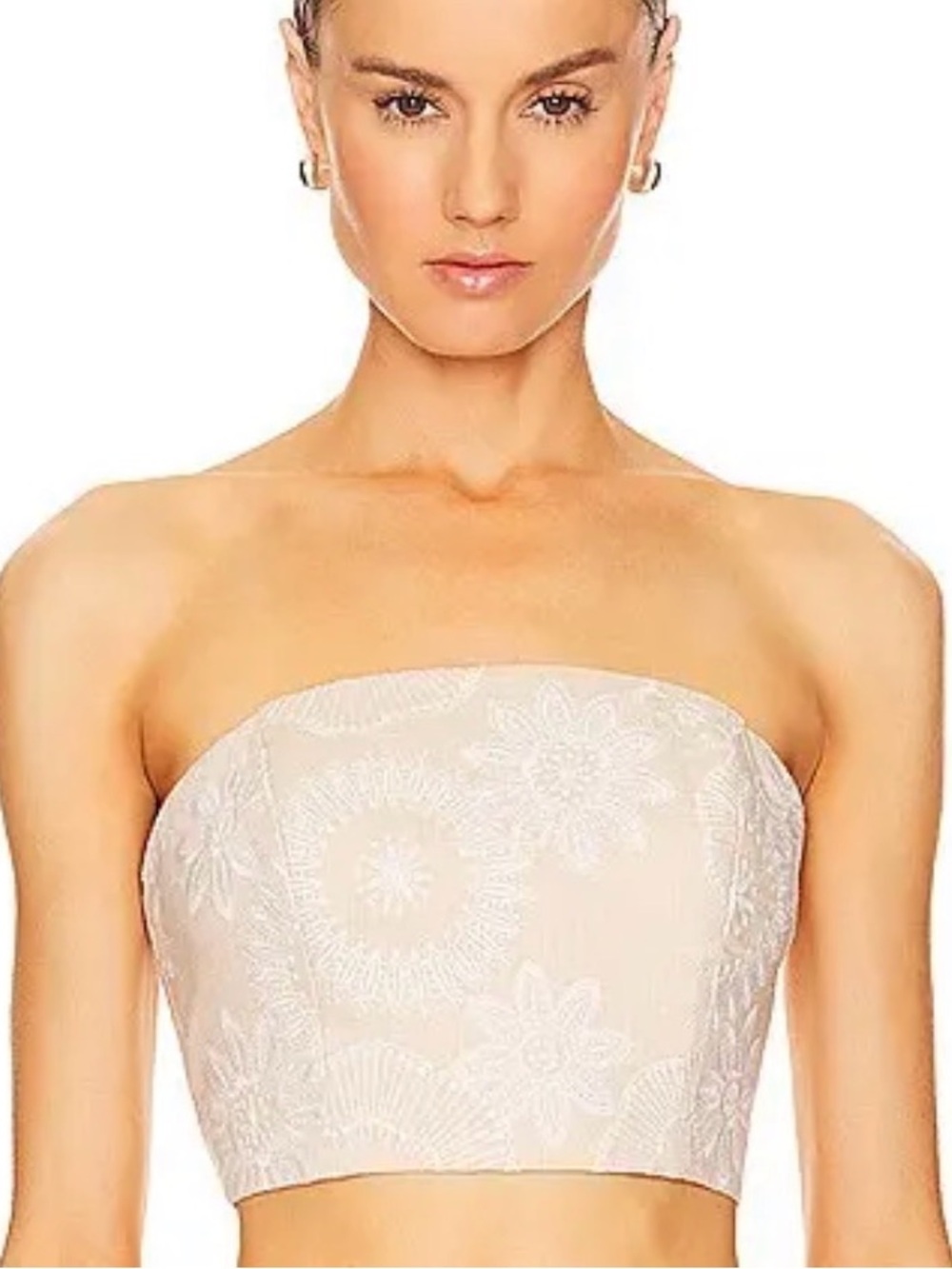 NWOT Milly Beige & White Floral Embroidered Strapless Crop Top